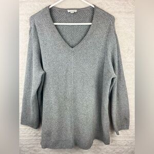J. JILL Gray Sweater Ribbed Tunic V-Neck Size Large Petite